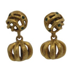 Pair of Vintage Goldtone Cage Earrings with Emeralds
