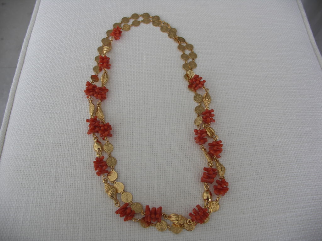 Vintage Trifari Coral Nugget Necklace with Seashells