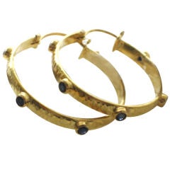 Pair of 18k Yellow Gold Hammered Hoops with Sapphires