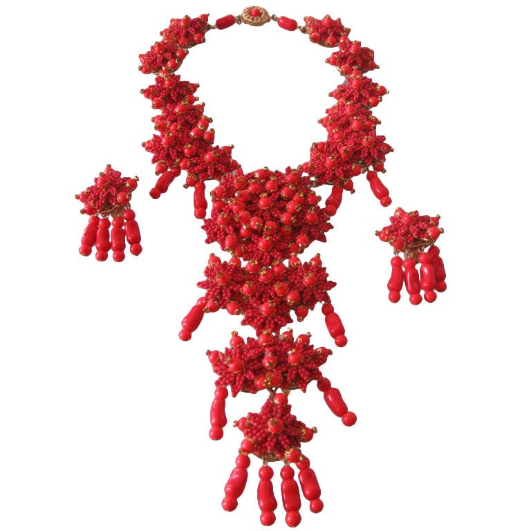 Monumental Stanley Hagler  Red Beaded Necklace and Earring Suite For Sale