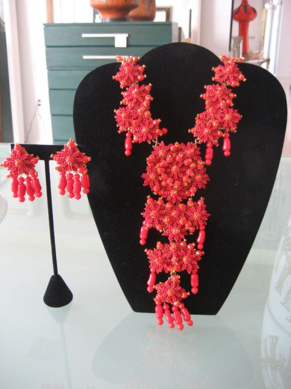 Monumental Stanley Hagler  Red Beaded Necklace and Earring Suite For Sale 2