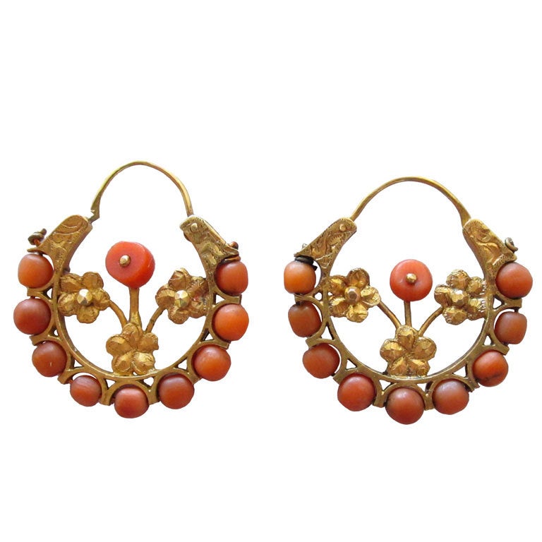 Pair of Antique Gold and Coral Earrings For Sale