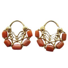 Pair of Antique Oaxacan Coral and Gold Earrings