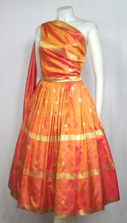 VINTAGE 1950s SARI SILK PARTY DRESS w SHOULDER SASH For Sale 1