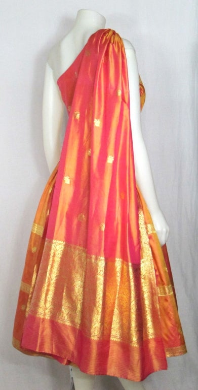 VINTAGE 1950s SARI SILK PARTY DRESS w SHOULDER SASH For Sale 3