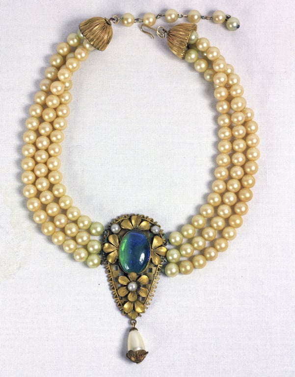 1940's Triple Strand  Pearl Blue Green Gold Stone Necklace