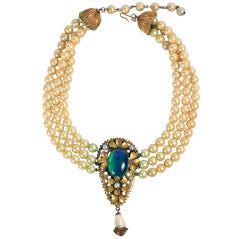 1940's Triple Strand  Pearl Blue Green Gold Stone Necklace