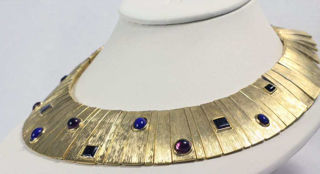 1980s Gold Tone w Multi-Color Stones Collar Necklace In Excellent Condition For Sale In San Francisco, CA