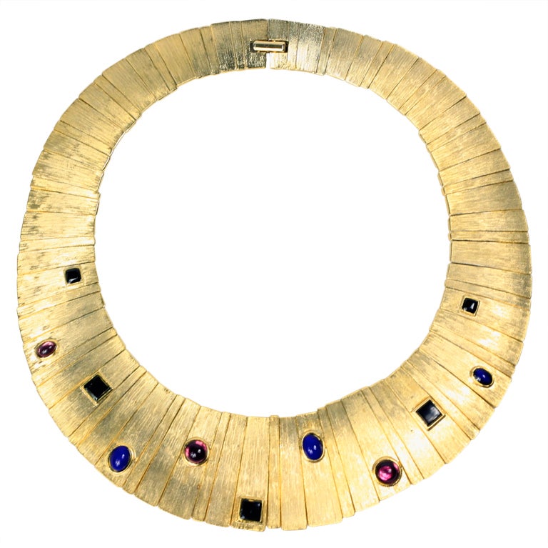 1980s Gold Tone w Multi-Color Stones Collar Necklace For Sale