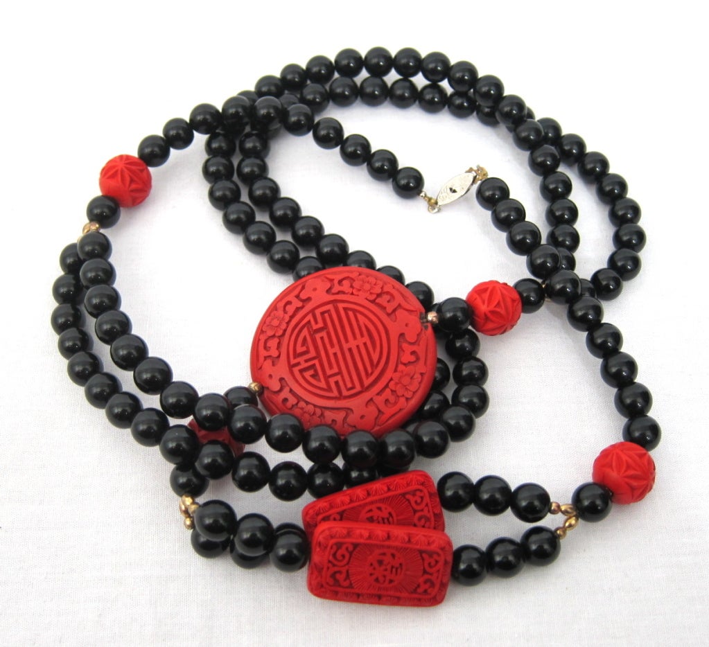 Women's VINTAGE DOUBLE BEAD STRAND CARVED CINNABAR NECKLACE For Sale