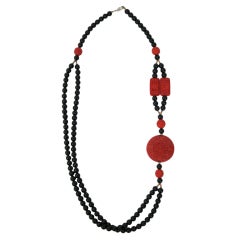 Vintage DOUBLE BEAD STRAND CARVED CINNABAR NECKLACE