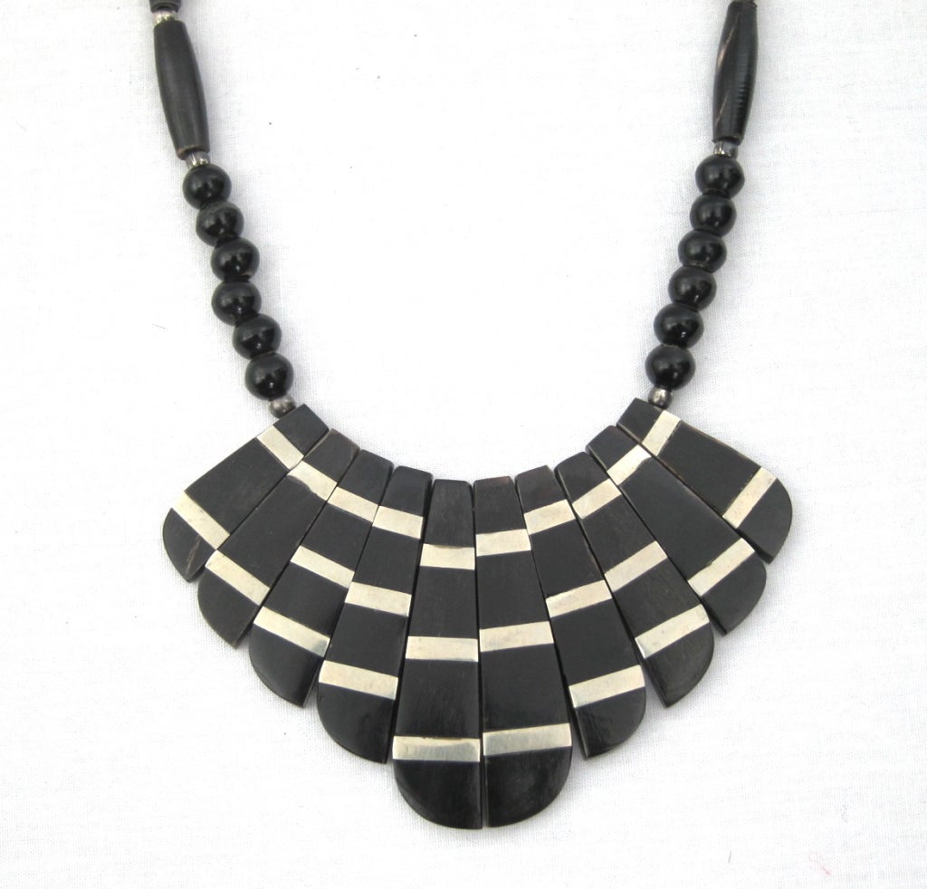 VINTAGE 1940s NECKLACE of OX BONE & SILVER