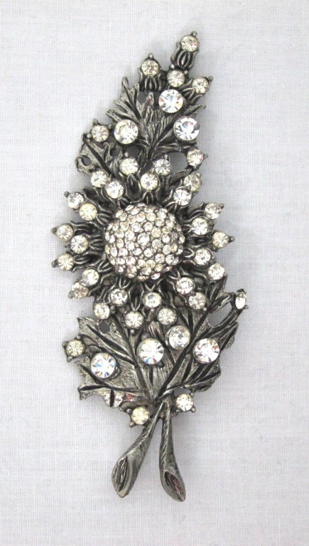 VINTAGE HUGE POMERANTZ SILVER TONE & RHINESTONE BOUQUET BROOCH