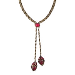 1960s Raspberry Double Baubles Twisted Gold Chain Sautoir Necklace