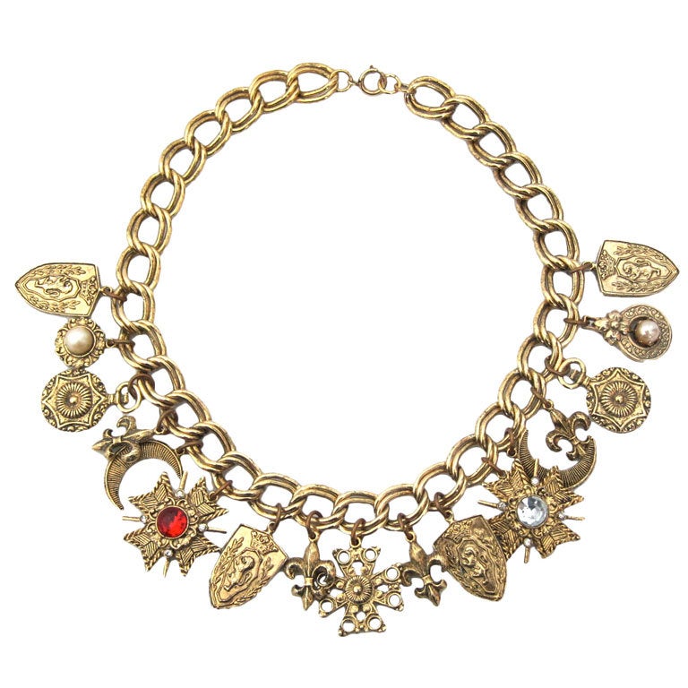 VINTAGE FRENCH MOTIF MULTI CHARM NECKLACE For Sale at 1stDibs