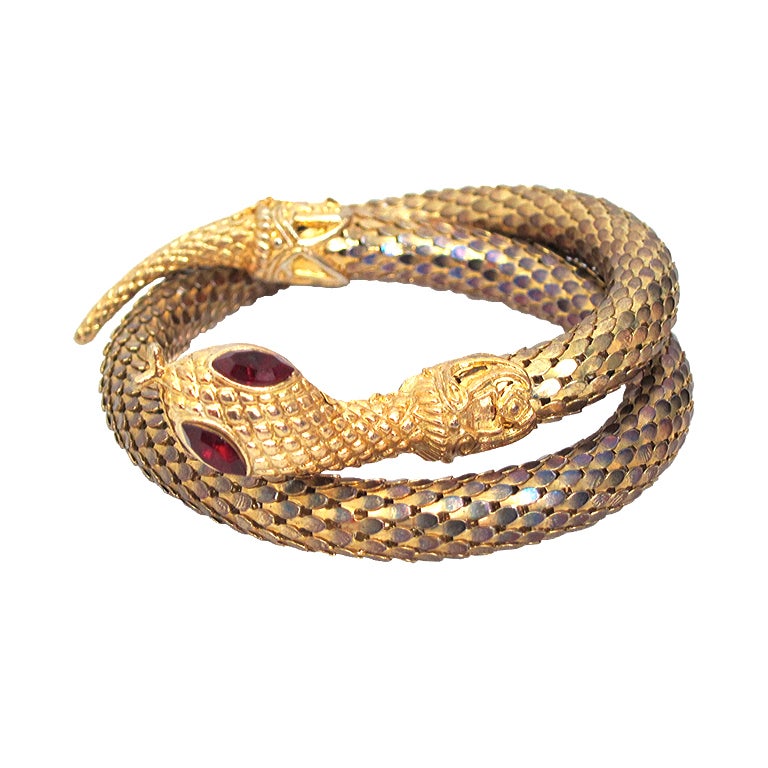 Snake Bracelet Super Hand Made 21K Yellow Gold Filigree Head and Ruby Eyes  - Colonial Trading Company