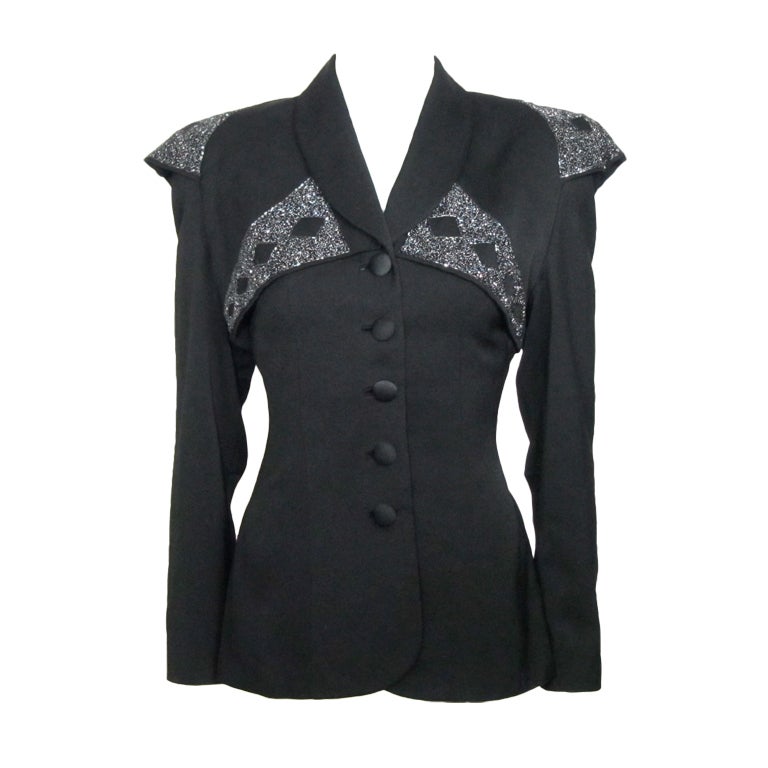 VINTAGE 1940s EXAGGERATED SHOULDER BEADED JACKET For Sale