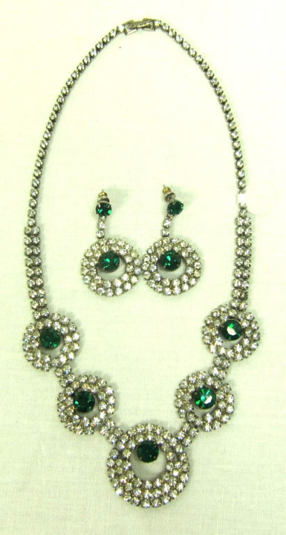 Vintage Czech Emerald and Rhinestone Earring and Necklace Set