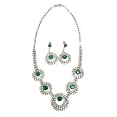 Vintage Czech Emerald and Rhinestone Earring and Necklace Set