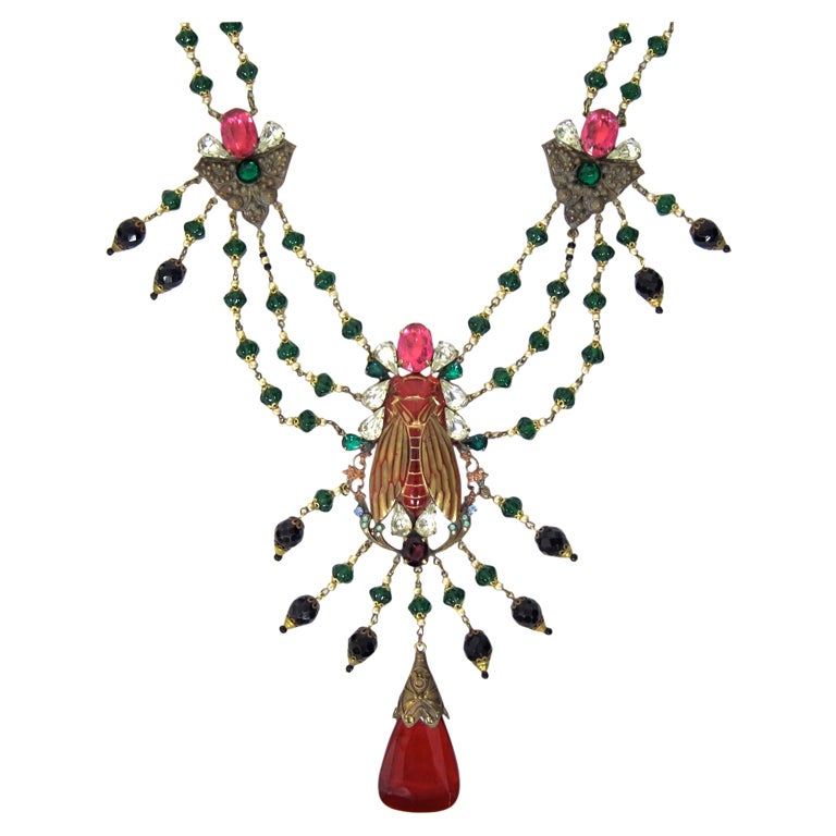 ART NOUVEAU CZECH GLASS 
RHINESTONES BEE FESTOON NECKLACE  LG! For Sale