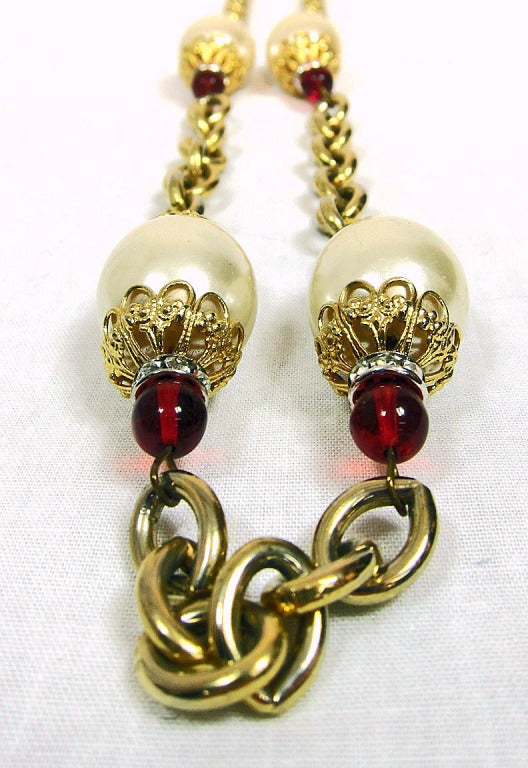 Vintage Baroque Pearl Red Cabochon Gold Long Necklace
