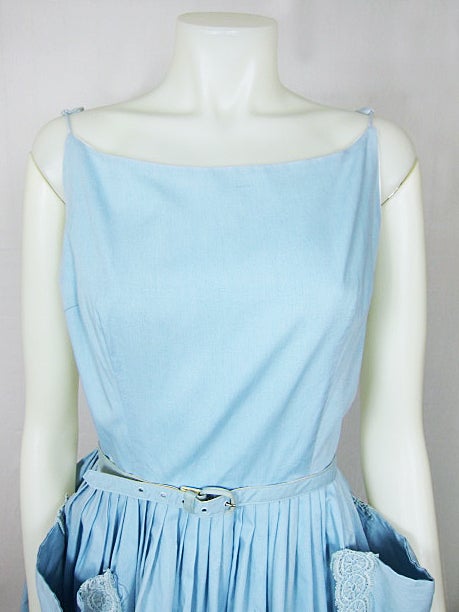 VINTAGE 1950 BABY BLUE BIG POCKETS APPLIQUE SUN DRESS LARGE! For Sale 1