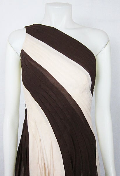 VINTAGE ONE SHOULDER BROWN & WHITE  FLOWING CHIFFON MAXI DRESS For Sale 1