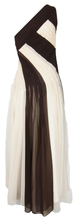Women's VINTAGE ONE SHOULDER BROWN & WHITE  FLOWING CHIFFON MAXI DRESS For Sale