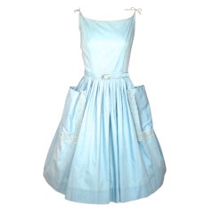 VINTAGE 1950 BABY BLUE BIG POCKETS APPLIQUE SUN DRESS LARGE!