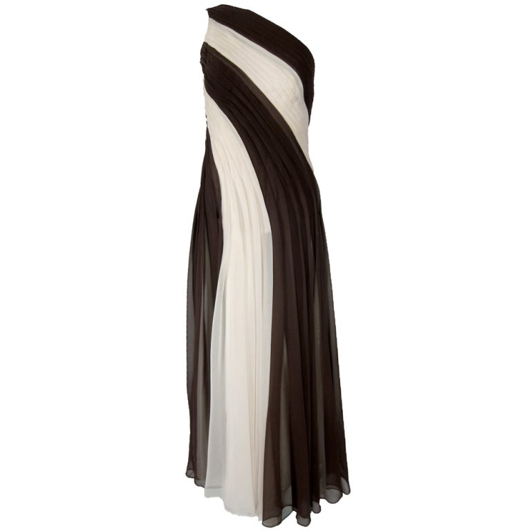 VINTAGE ONE SHOULDER BROWN & WHITE  FLOWING CHIFFON MAXI DRESS For Sale