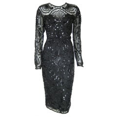 Vintage Black Art Deco Style Illusion sequin Party Coctail Dress- long sleeves