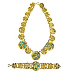1900s Gilt Filigree Jade Cabochon Necklace & Bracelet Set