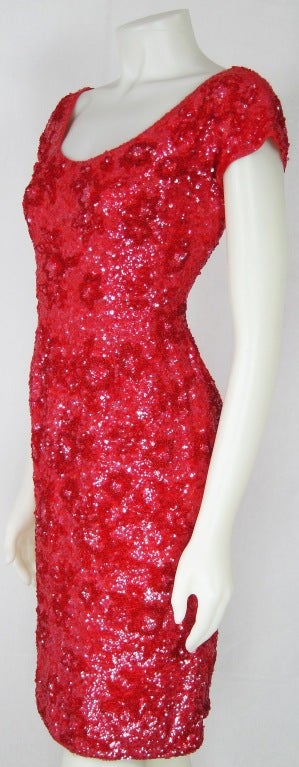 VINTAGE 1960  Red Heavily Beaded  Sequin Cocktail  Wiggle  Dress In Excellent Condition For Sale In San Francisco, CA