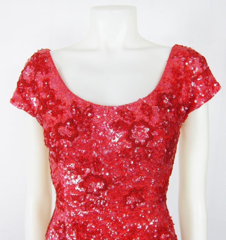 Women's VINTAGE 1960  Red Heavily Beaded  Sequin Cocktail  Wiggle  Dress For Sale