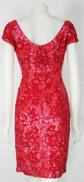 VINTAGE 1960  Red Heavily Beaded  Sequin Cocktail  Wiggle  Dress For Sale 1