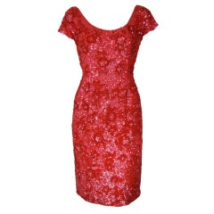 VINTAGE 1960  Red Heavily Beaded  Sequin Cocktail  Wiggle  Dress