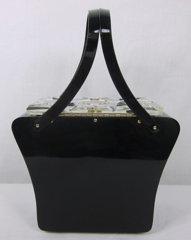 Women's Vintage 1950s Black Lucite Handbag- Double handles For Sale