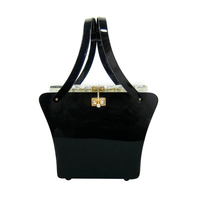 Vintage 1950s Black Lucite Handbag- Double handles For Sale