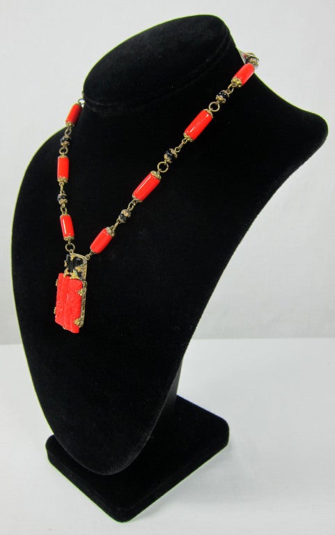 Women's 1930 ART DECO RED CARVED GLASS NECKLACE For Sale