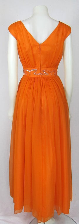 VINTAGE 60s NEON ORANGE FLOWING  CHIFFON SEQUIN WAIST MAXI DRESS In Excellent Condition For Sale In San Francisco, CA