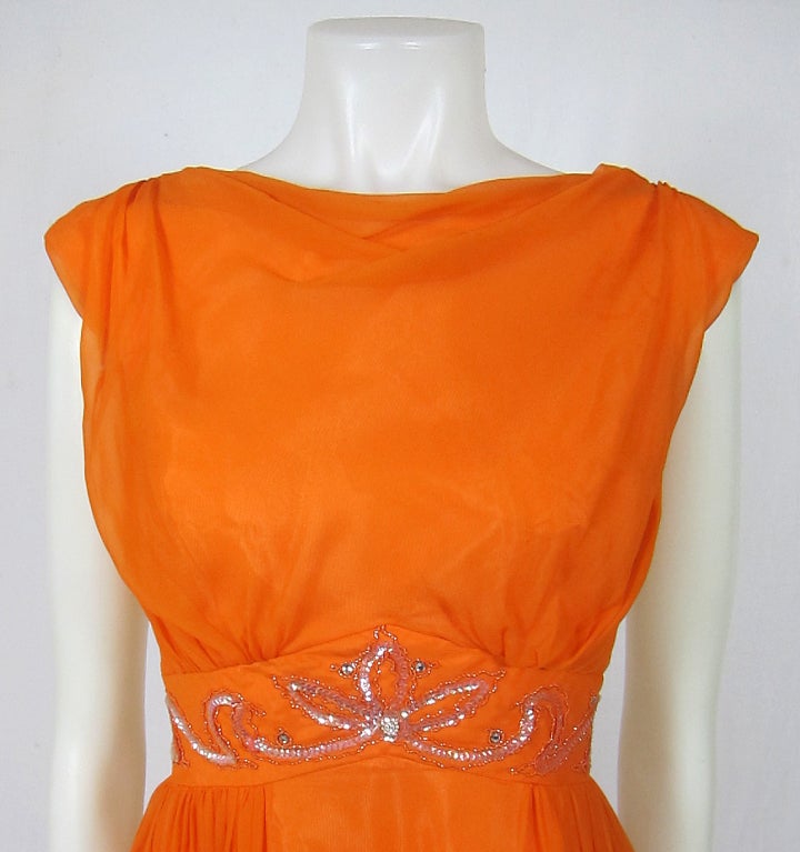 Women's VINTAGE 60s NEON ORANGE FLOWING  CHIFFON SEQUIN WAIST MAXI DRESS For Sale