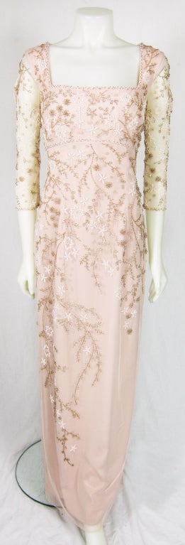 GOLD & WHITE BEADED BLUSH MAXI DRESS w 3/4 LENGTH SLEEVE Sz 10