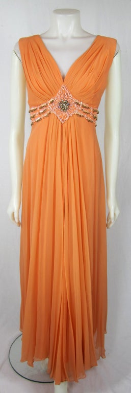 VINTAGE 1960s TANGERINE BEADED EMPIRE FLOWING CHIFFON LONG DRESS For ...
