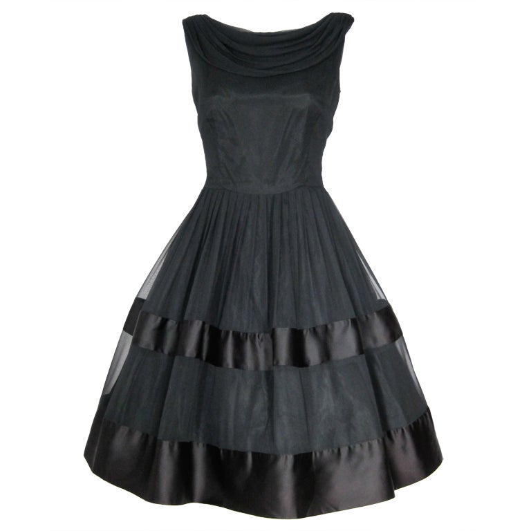 1960 SOPHISTICATED FULL SKIRT CHIFFON SATIN DRAPED NECKLINE DRES For Sale