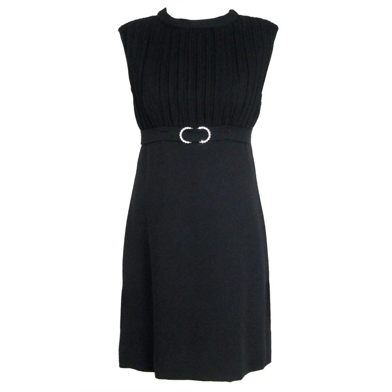 1960s MOD BLACK COCKTAIL PARTY DRESS w RHINESTONE BUCKLE For Sale