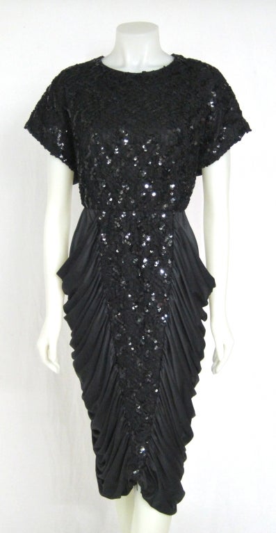 VINTAGE  1940s Style BLACK RUCHED COCKTAIL DRESS w SEQUINS