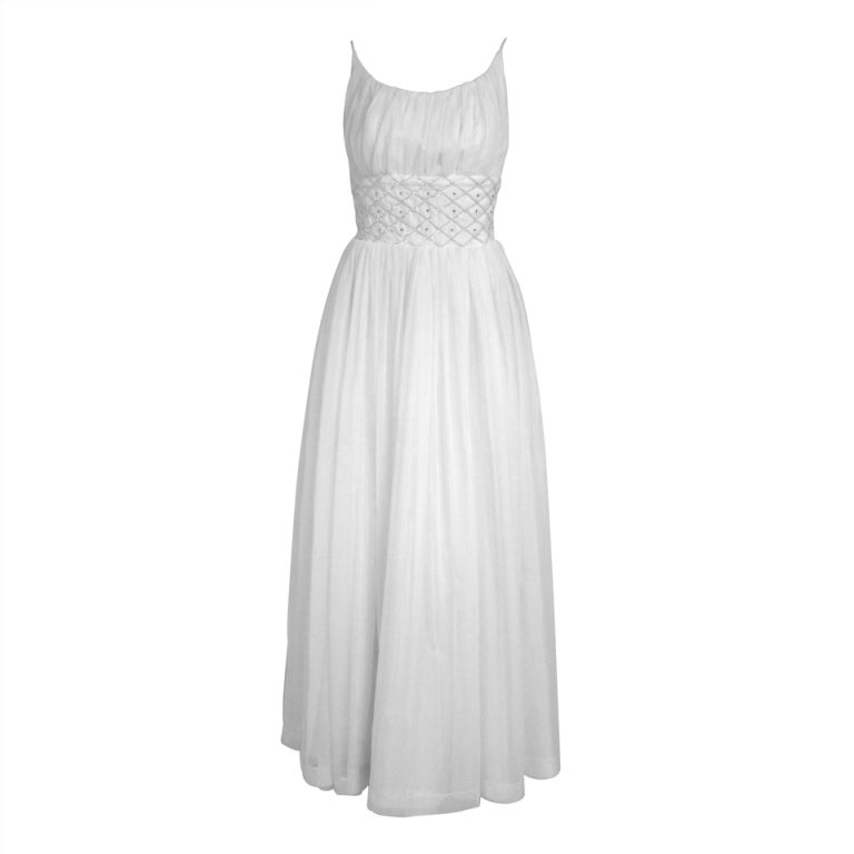 VINTAGE WHITE CHIFFON SEQUIN WAIST DRESS-garden beach wedding For Sale ...