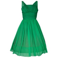 VINTAGE 1950'S KELLY GREEN CHIFFON COCKTAIL PARTY DRESS -Mad Men