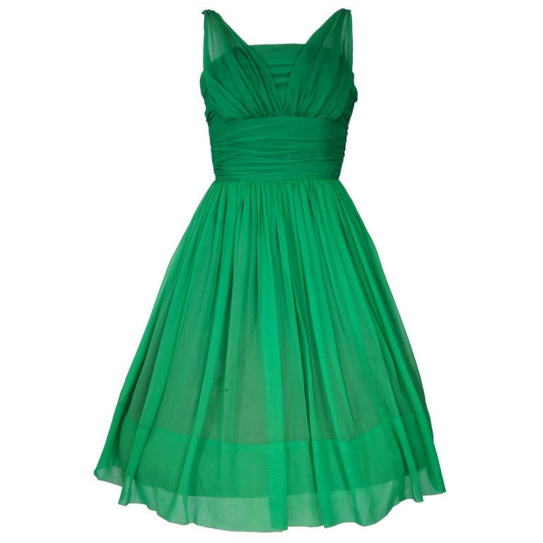 VINTAGE 1950'S KELLY GREEN CHIFFON COCKTAIL PARTY DRESS -Mad Men For Sale