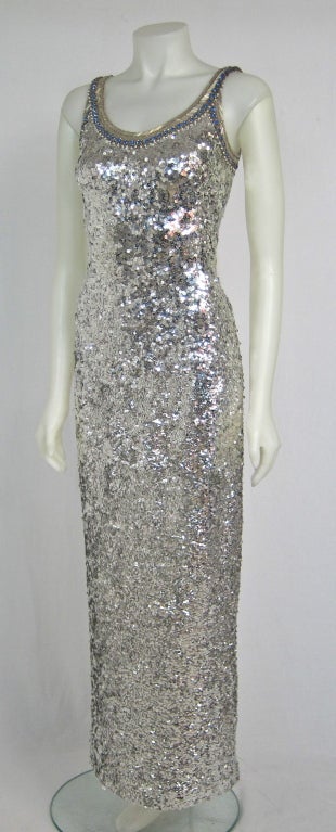 Women's 1960s  Exquisite Silver Sequin, Beading, Pearl Gala Dress w Jacket For Sale